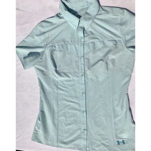 Under Armour Button Up Shirt Womens L Large Sea Mist Green Semi Fitted Heat Golf